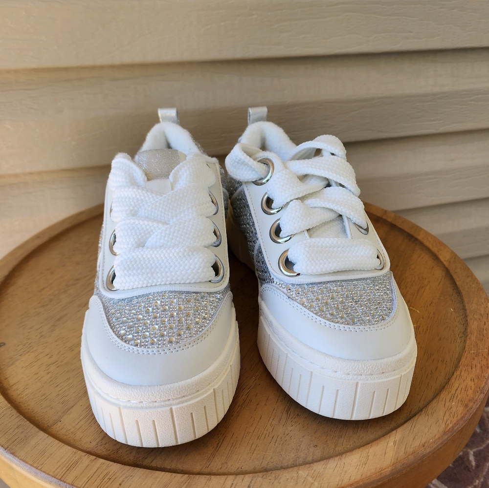 Gianni Bini White and Silver Glitter Platform Sneakers - Picture 2 of 10